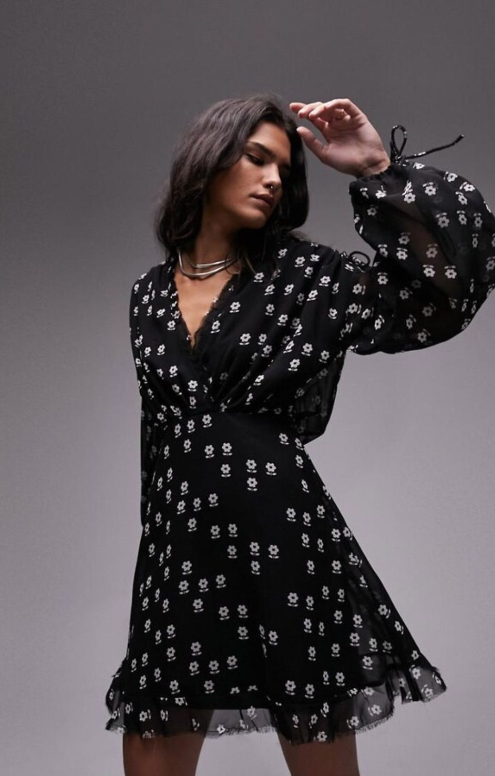 Topshop Collar Neck Mini Dress With Raw Seams In Mono Floral