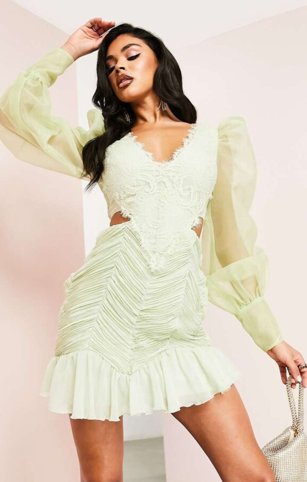 Asos Luxe Lace Ruched Sheer Puff Sleeve Mini Dress In Green – dresses by ASOS Luxe, available to rent from Hirestreet
