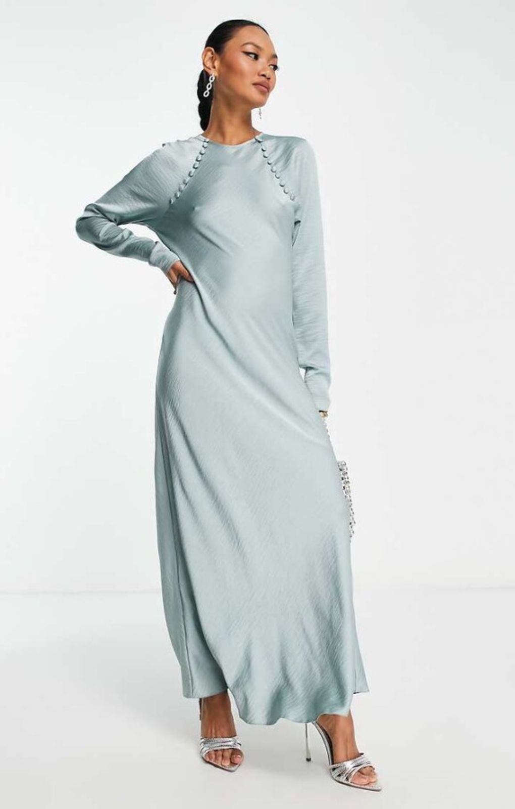 Asos Design Satin Biased Maxi Dress With Button Detail In Silver Blue – dresses by ASOS DESIGN, available to rent from Hirestreet