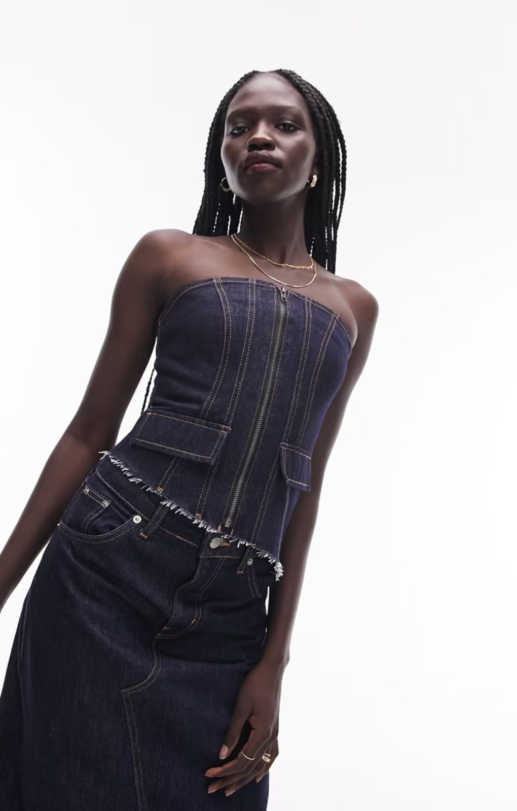 Topshop Deconstructed Denim Corset In Indigo – tops by Topshop, available to rent from Hirestreet