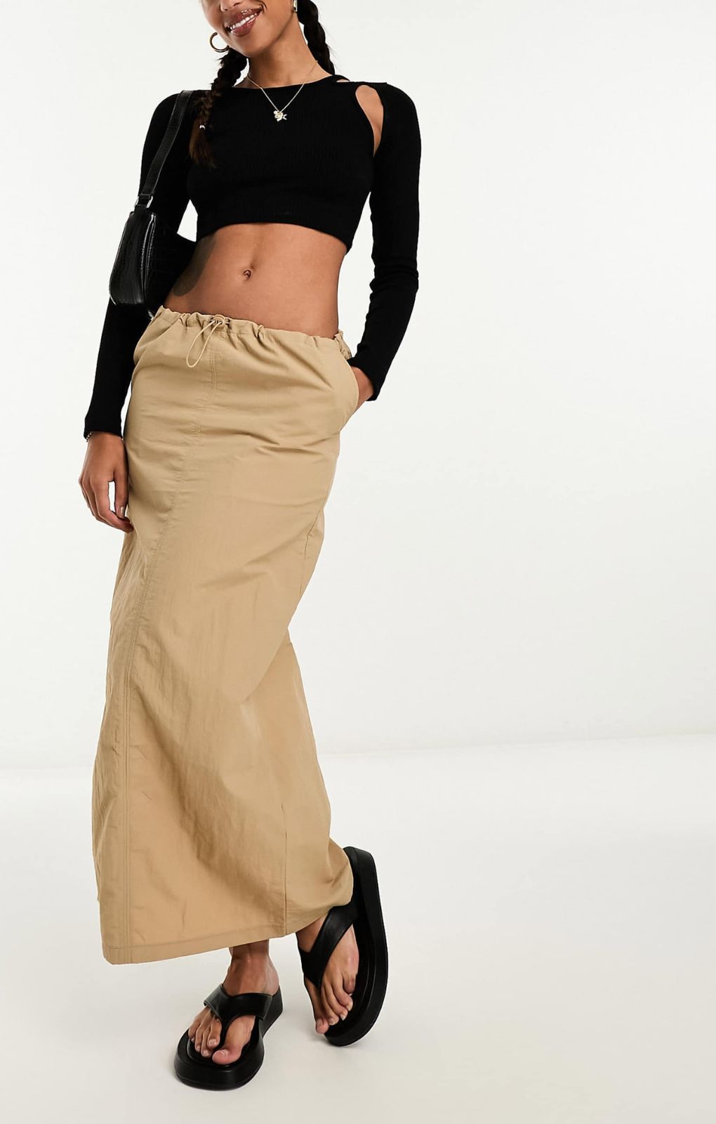 Pieces Exclusive Drawstring Cargo Midi Skirt In Beige – skirts by Pieces, available to rent from Hirestreet