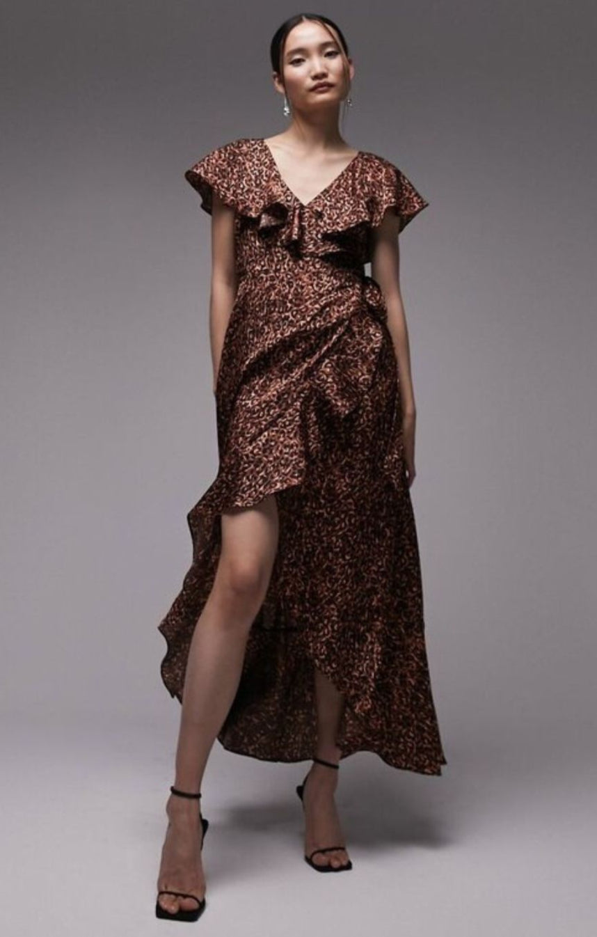 Topshop Ruffle Wrap Midi Dress In Brown Animal – dresses by Topshop, available to rent from Hirestreet