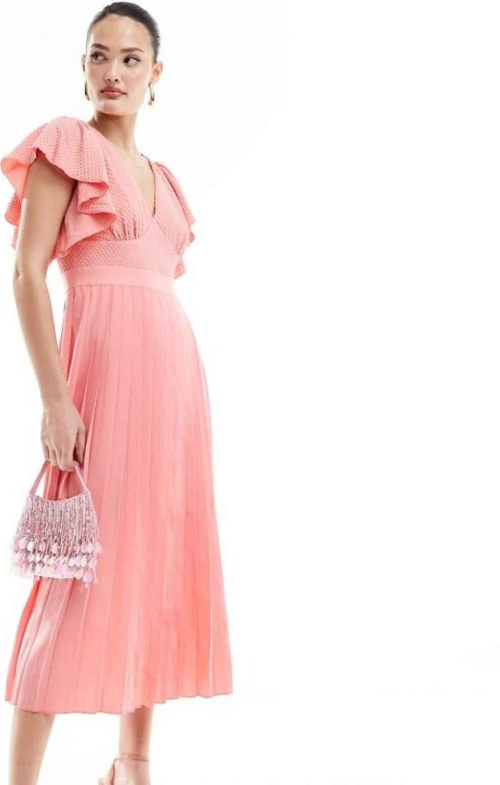 Little Mistress Lace Detail Midaxi Flutter Sleeve Dress In Coral – dresses by Little Mistress, available to rent from Hirestreet