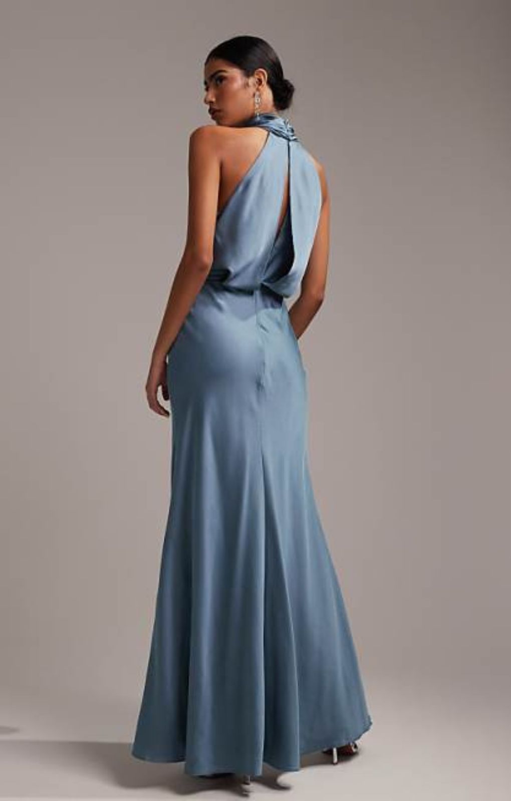 Asos Design Bridesmaid Curve Satin Ruched Halter Neck Maxi Dress In Dusky Blue – dresses by ASOS, available to rent from Hirestreet