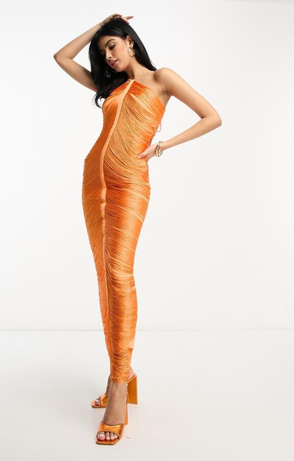 Asos Design Fringe Drape Halter Maxi Dress In Hot Orange – dresses by ASOS DESIGN, available to rent from Hirestreet