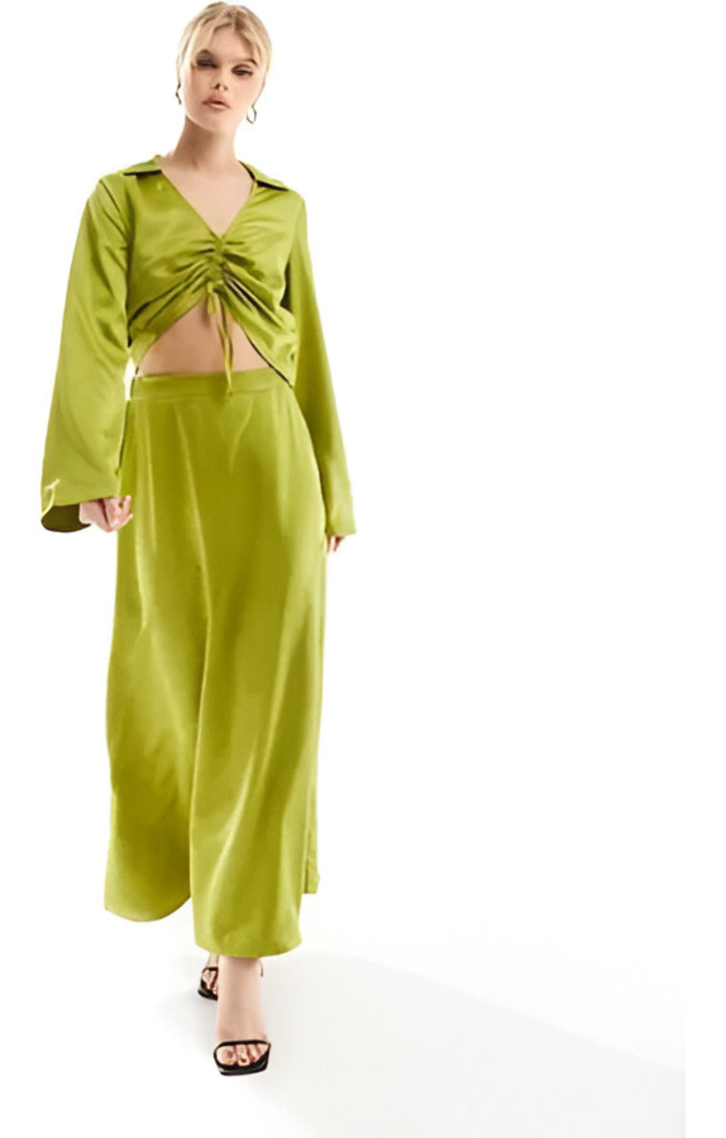 Vero Moda Satin Ruched Front Top In Olive – tops by Vero Moda, available to rent from Hirestreet