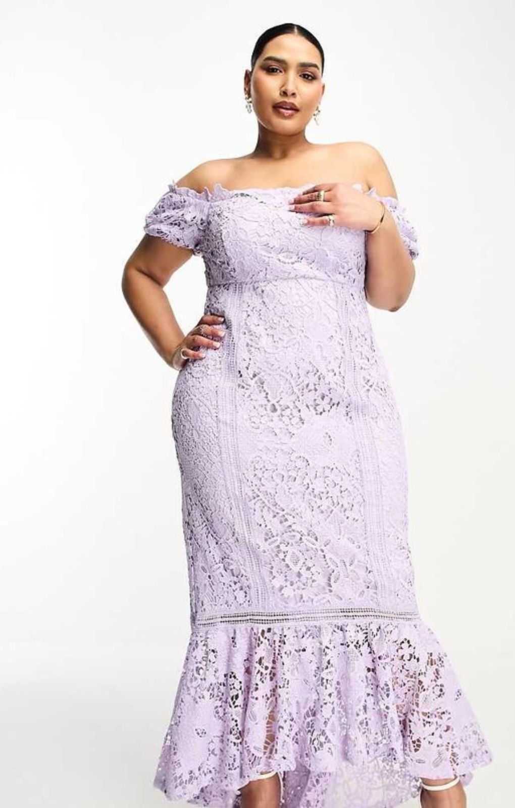 Asos Design Curve Lace Bardot Cut Out Maxi Dress With Frill Hem In Lilac – dresses by ASOS Curve, available to rent from Hirestreet