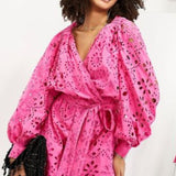 Asos Edition Broderie Wrap Belted Mini Dress In Bright Pink – dresses by ASOS EDITION, available to rent from Hirestreet