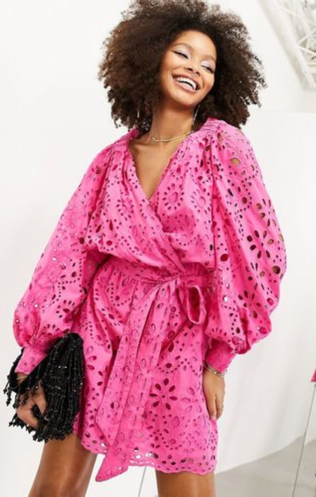 Asos Edition Broderie Wrap Belted Mini Dress In Bright Pink – dresses by ASOS EDITION, available to rent from Hirestreet