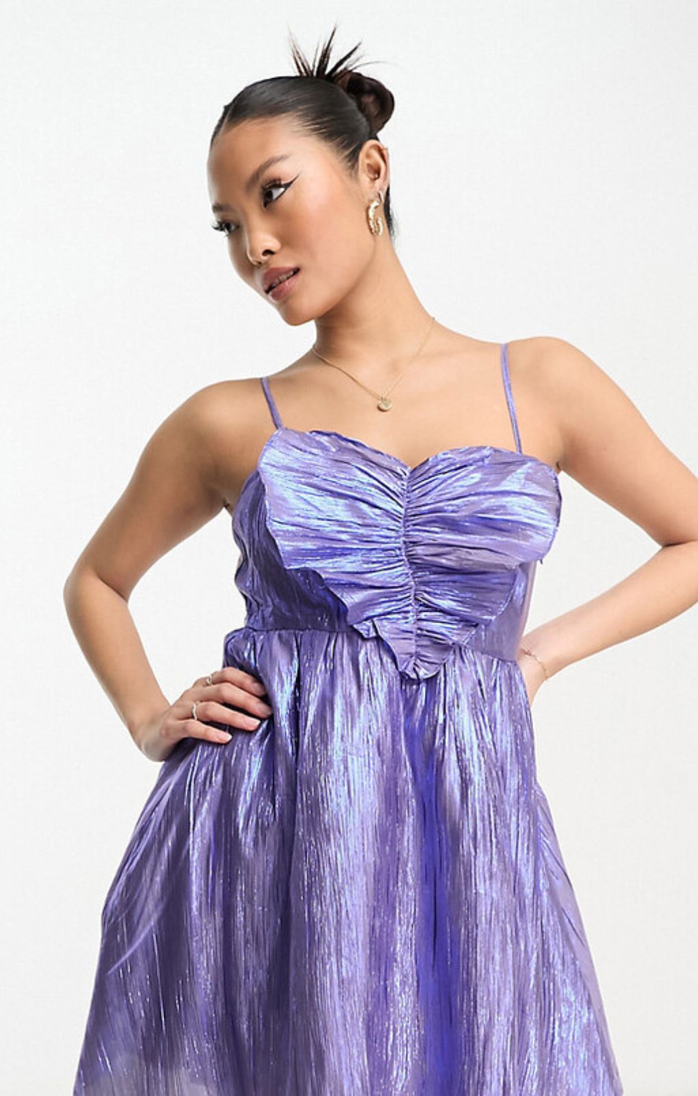 Collective The Label Petite Exclusive Metallic Pleated 3D Heart Mini Dress In Iridescent – dresses by Collective The Label Petite, available to rent from Hirestreet