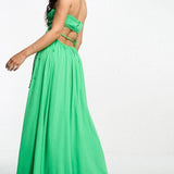 Asos Design Ruched Bandeau Washed Satin Maxi Dress With Tie Detail In Green – dresses by ASOS DESIGN, available to rent from Hirestreet