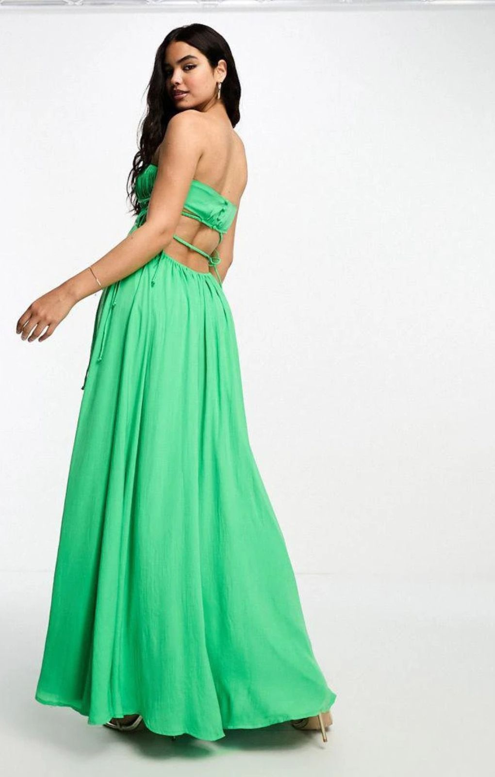 Asos Design Ruched Bandeau Washed Satin Maxi Dress With Tie Detail In Green – dresses by ASOS DESIGN, available to rent from Hirestreet