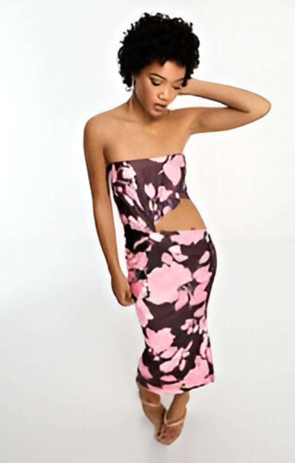 Day 6 Bandeau Twist Detail Cut Out Midi Dress In Rose Print – dresses by DAY 6, available to rent from Hirestreet
