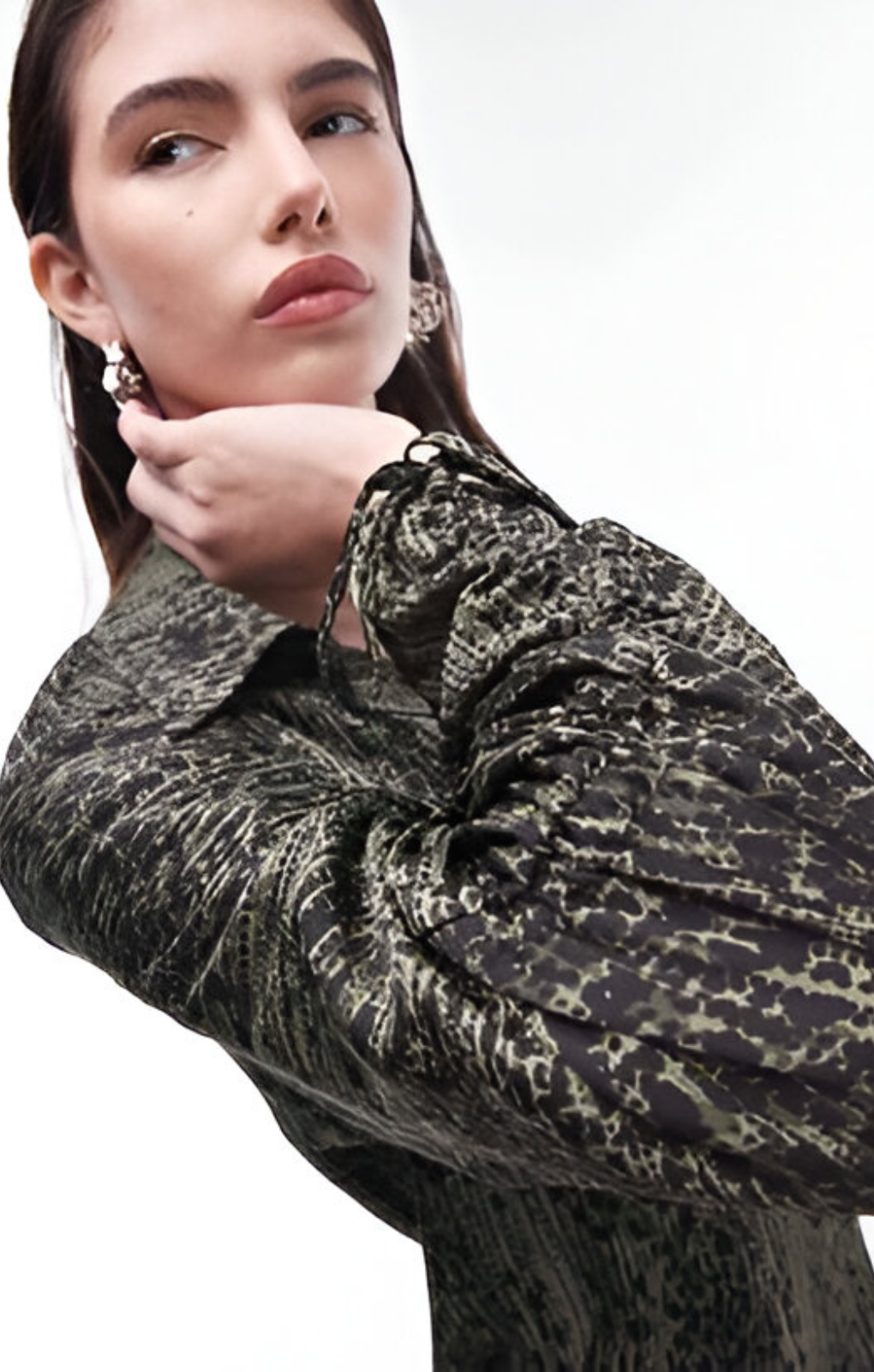 Topshop Ruched Sleeve Mini Shirt Dress In Green Animal Print – dresses by Topshop, available to rent from Hirestreet