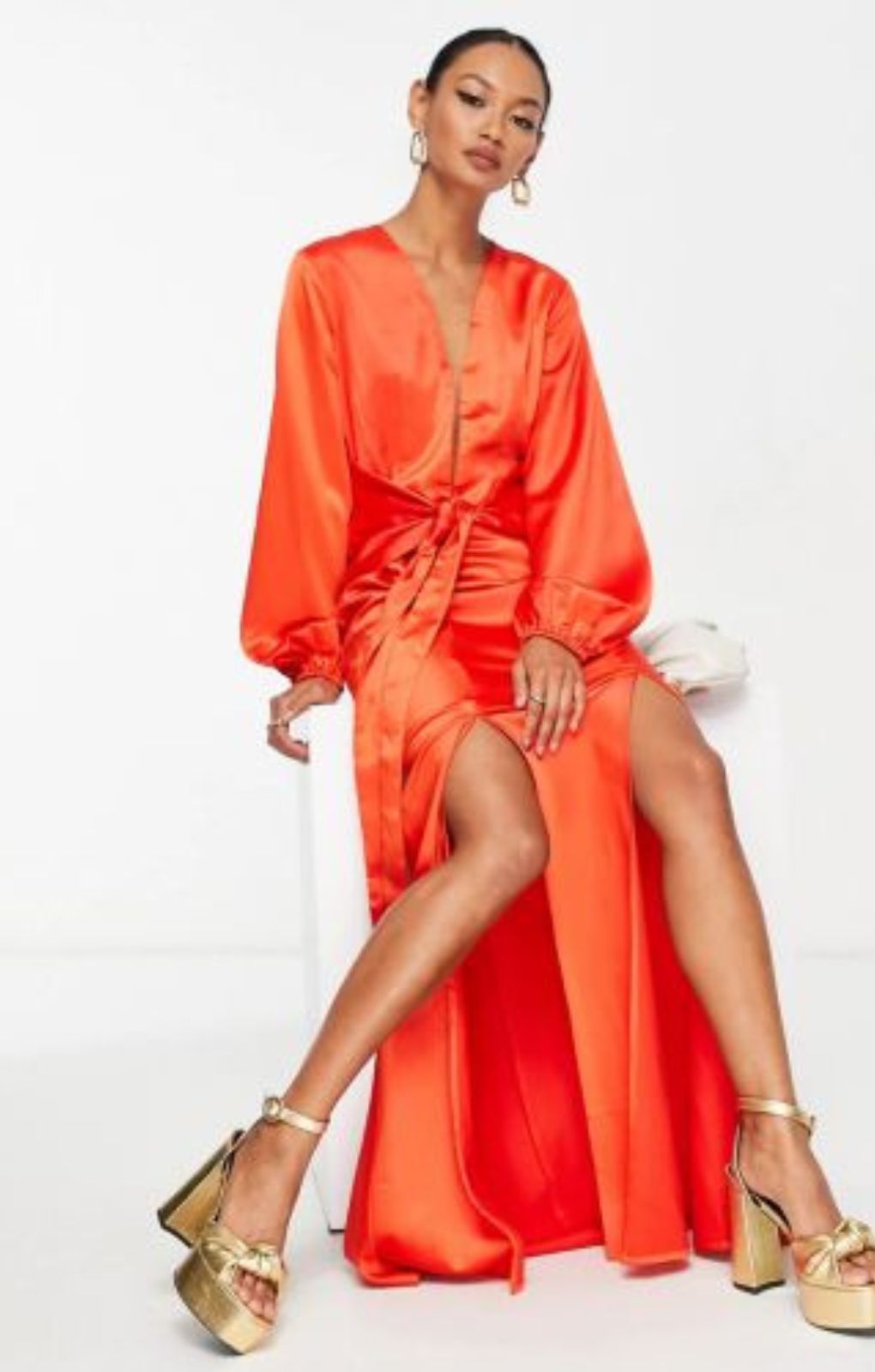 Ei8Th Hour Satin Extreme Plunge Front Maxi Dress With Split Hem Detail In Rust Orange – dresses by EI8TH HOUR, available to rent from Hirestreet