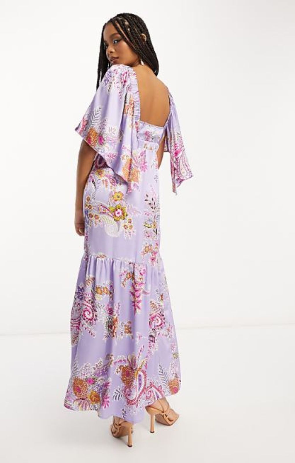 Asos Design Satin Flutter Sleeve V-Neck Maxi Dress With Tier Hem In Lilac Paisley Print – dresses by ASOS DESIGN, available to rent from Hirestreet