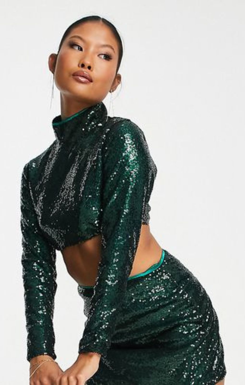 Collective The Label Petite Exclusive High Neck Sequin Top In Emerald – tops by Collective The Label Petite, available to rent from Hirestreet