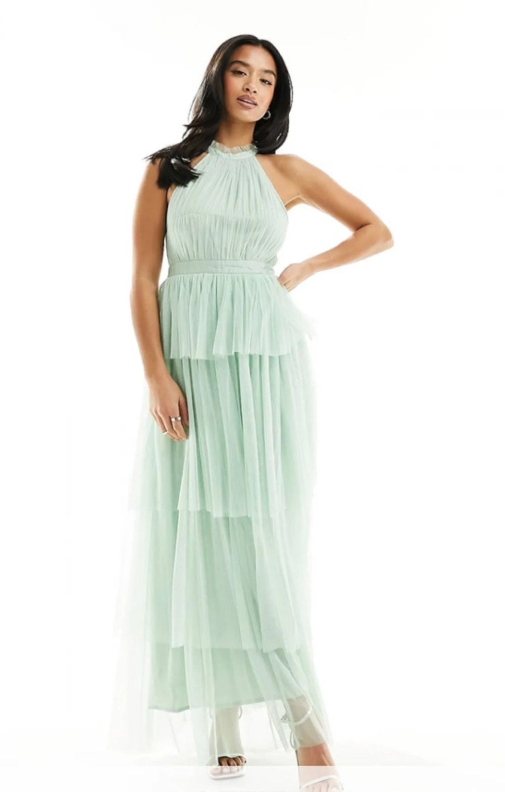 Vila Petite Bridesmaid Halterneck Tulle Midi Dress With Tiered Skirt In Mint Green – dresses by Vila Petite, available to rent from Hirestreet