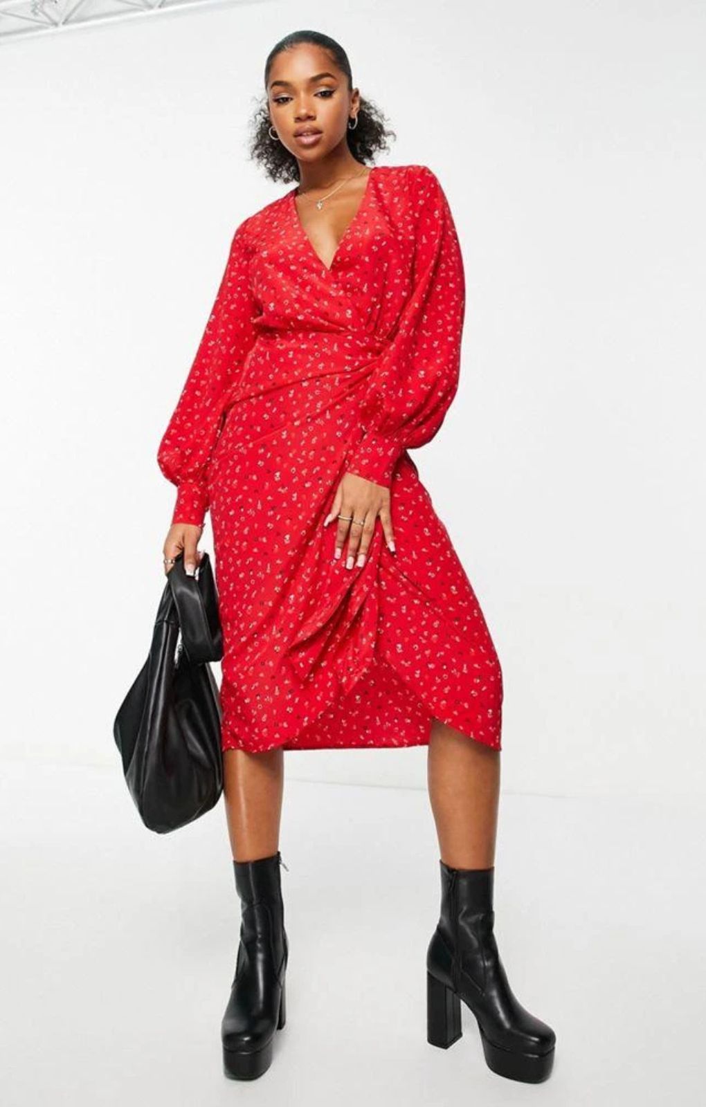 red ditsy floral dress Puff Sleeve Ruched Slit Ditsy Floral Dress In RED