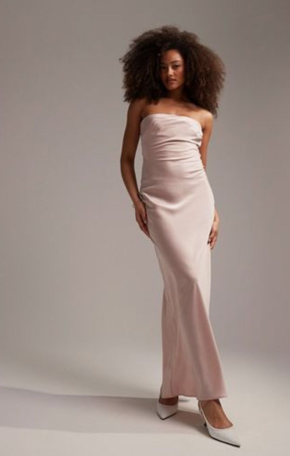 Asos Design Bridesmaid Satin Bandeau Maxi Dress With Button Back Detail Blush – dresses by ASOS DESIGN, available to rent from Hirestreet