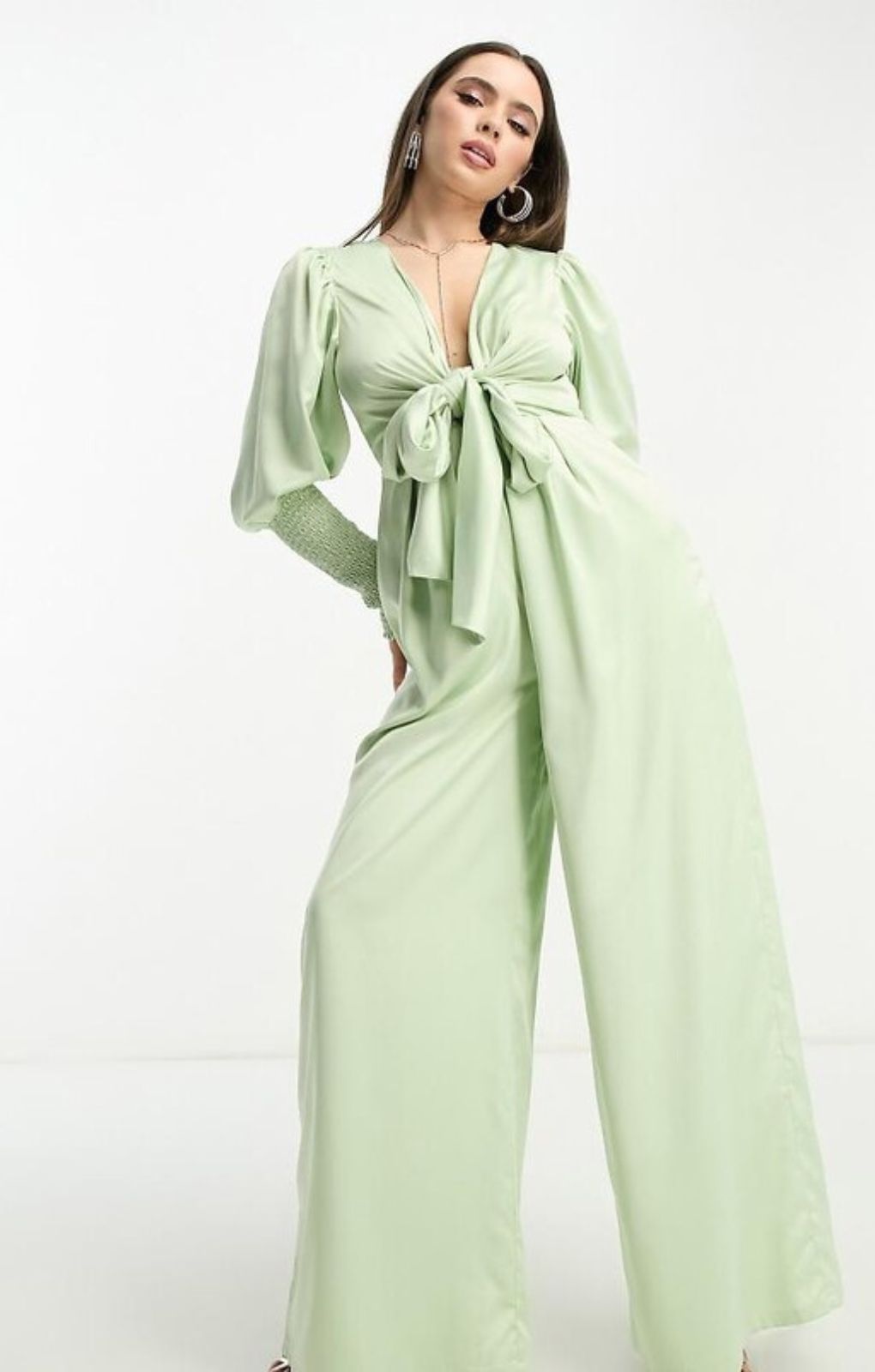 Collective The Label Petite Exclusive Plunge Front Wide Leg Jumpsuit In Sage – jumpsuits & playsuits by Collective The Label Petite, available to rent from Hirestreet