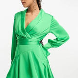 Forever New Long Sleeve Tie Waist Mini Dress In Green – dresses by Forever New, available to rent from Hirestreet