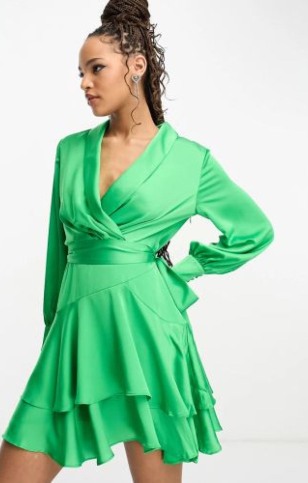 Forever New Long Sleeve Tie Waist Mini Dress In Green – dresses by Forever New, available to rent from Hirestreet