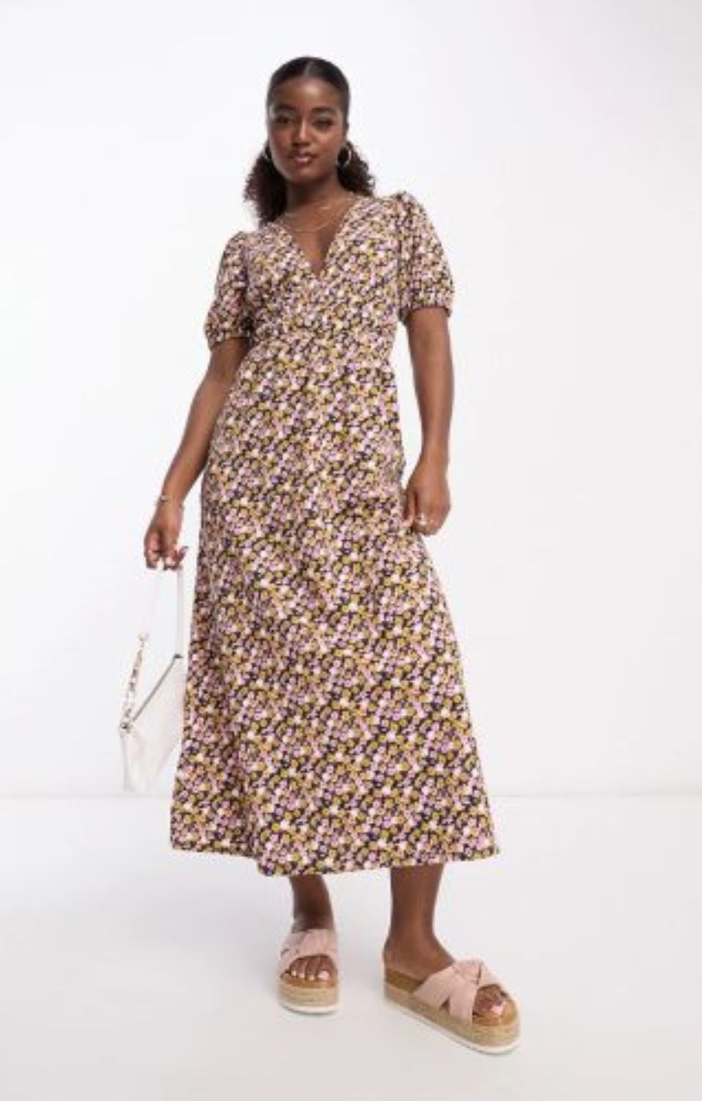 Asos Design Shirred Waist Midi Tea Dress With Volume Sleeve In Pink Ditsy Print – dresses by ASOS DESIGN, available to rent from Hirestreet