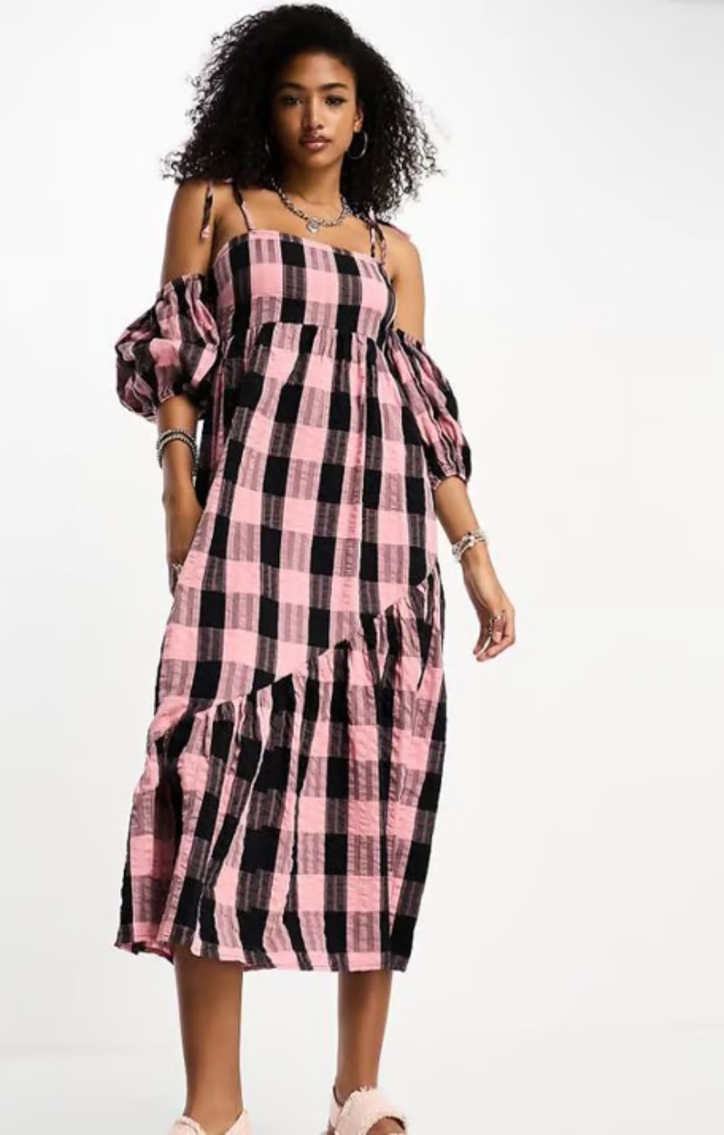Collusion Off The Shoulder Midi Dress In Pink Check – dresses by Collusion, available to rent from Hirestreet
