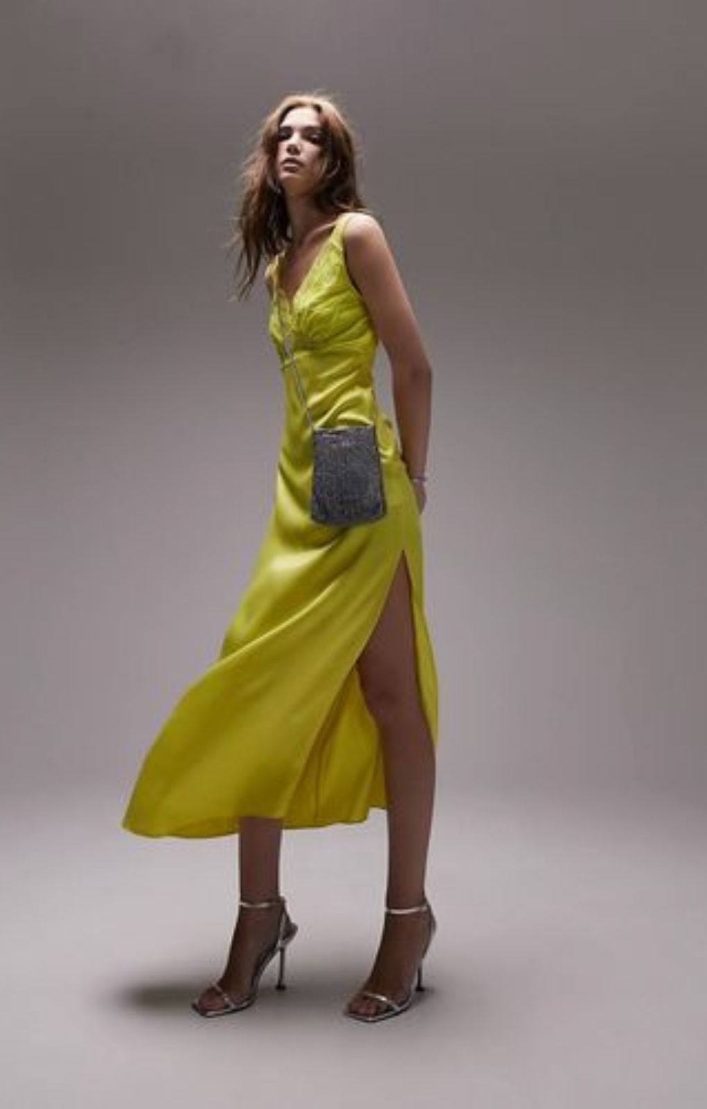 Topshop Cami Satin And Lace Midi Dress In Lime – dresses by Topshop, available to rent from Hirestreet