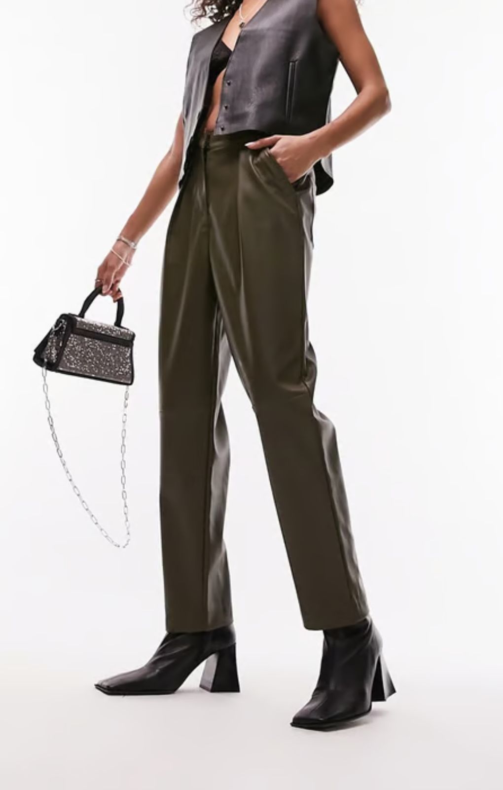Topshop Faux Leather Peg Trouser In Khaki – trousers by Topshop, available to rent from Hirestreet