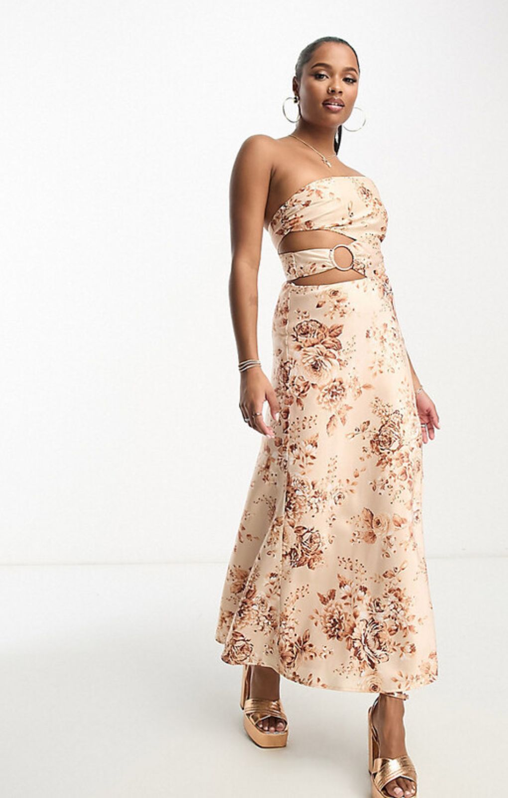 Forever New Petite Cut Out Maxi Dress In Brown Floral Satin – dresses by Forever New Petite, available to rent from Hirestreet