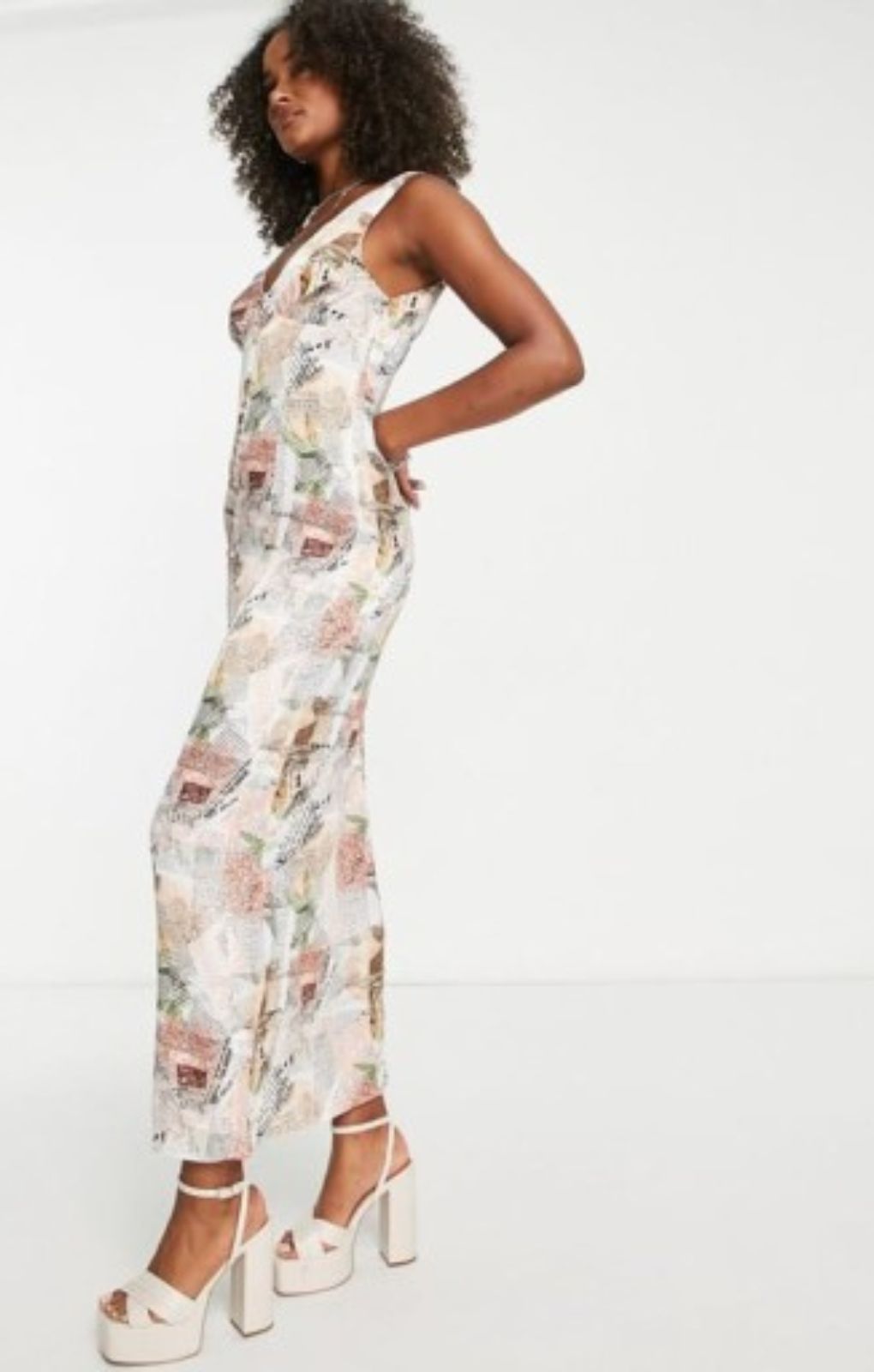 Asos Design Tall Button Front Satin Midi Dress In Newspaper Print – dresses by ASOS Tall, available to rent from Hirestreet