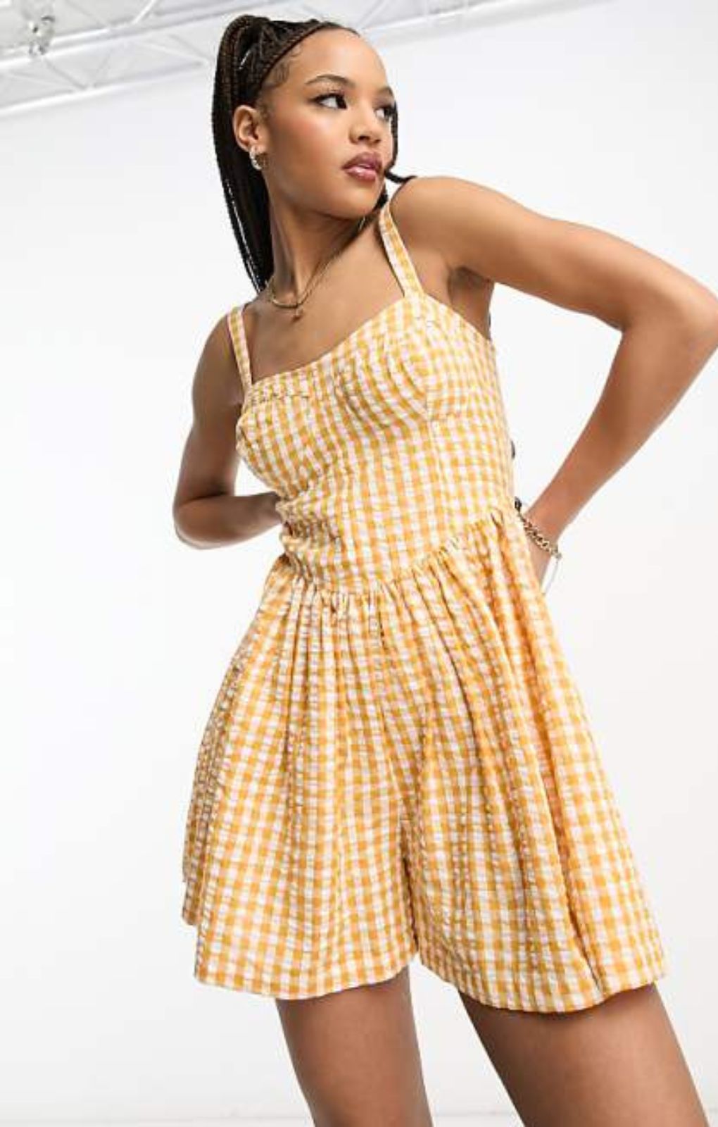 Asos Design Flippy Skater Playsuit In Mustard Gingham – jumpsuits & playsuits by ASOS DESIGN, available to rent from Hirestreet