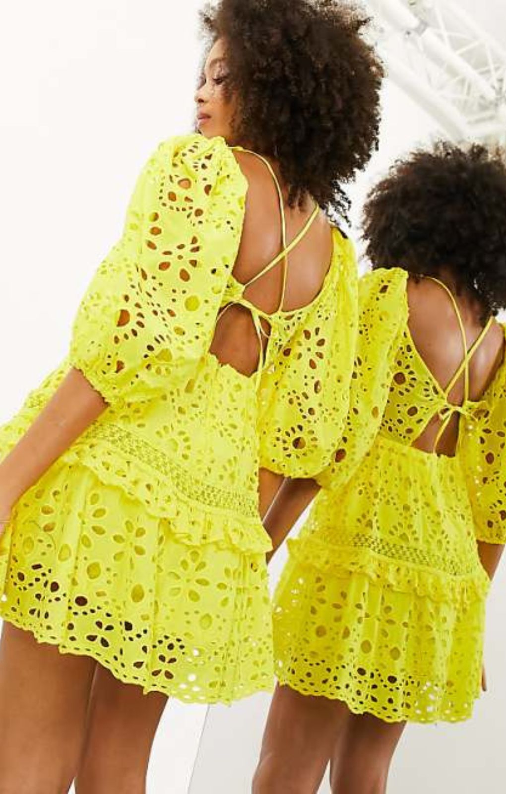 Asos Edition Broderie Twist Front Mini Dress With Puff Sleeve In Yellow – dresses by ASOS EDITION, available to rent from Hirestreet