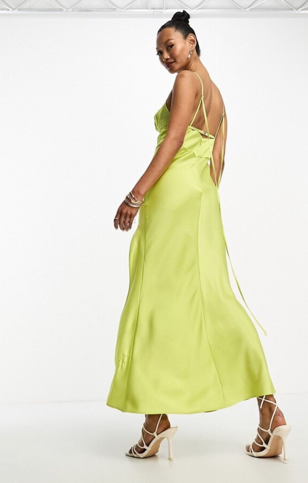 Asos Design Satin Corset Detail Plunge Midi Dress In Lime Green – dresses by ASOS DESIGN, available to rent from Hirestreet
