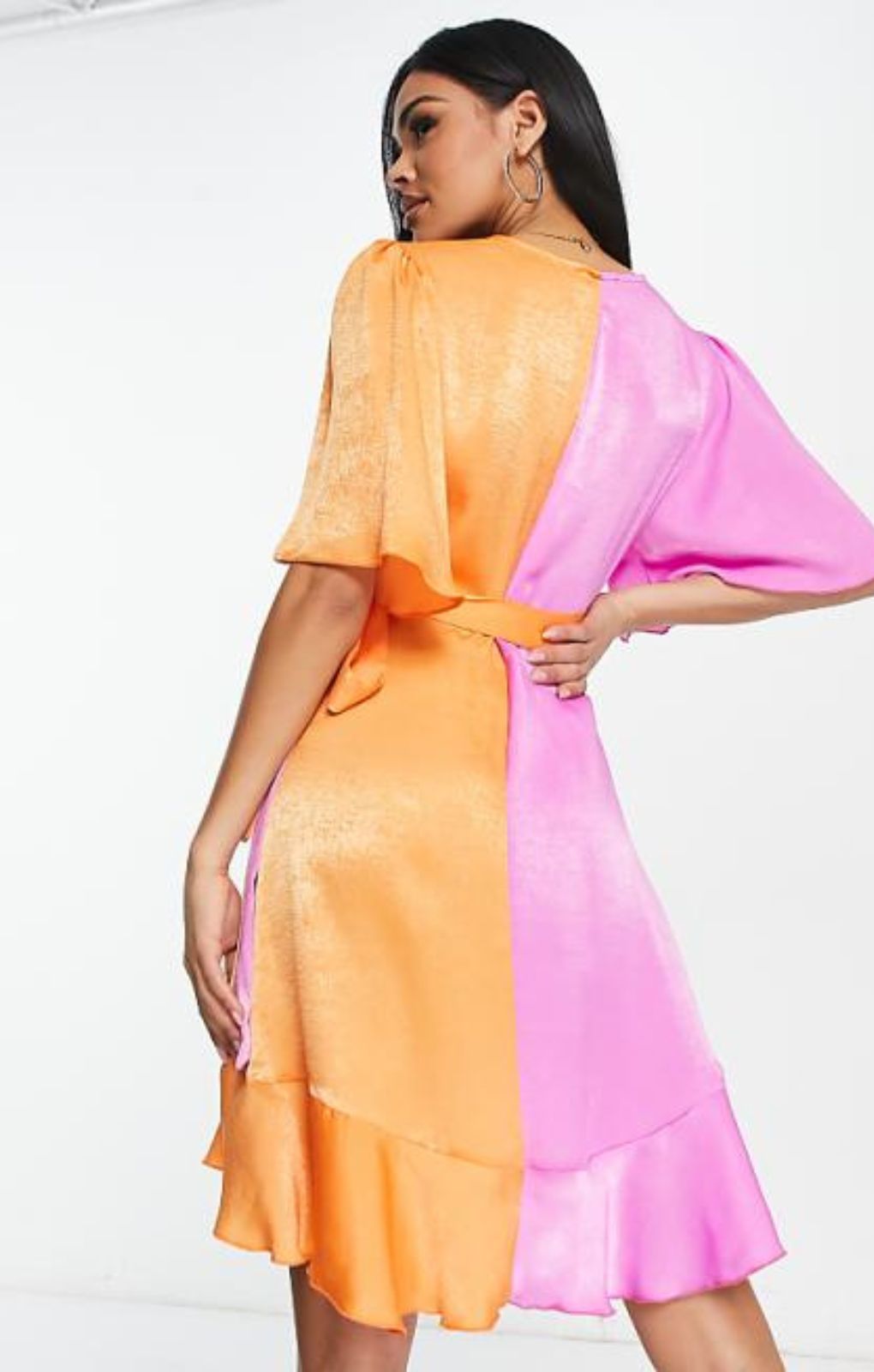 Flounce London Plus Flutter Sleeve Ruffle Mini Dress In Contrast Pink And Orange – dresses by Flounce London Tall, available to rent from Hirestreet