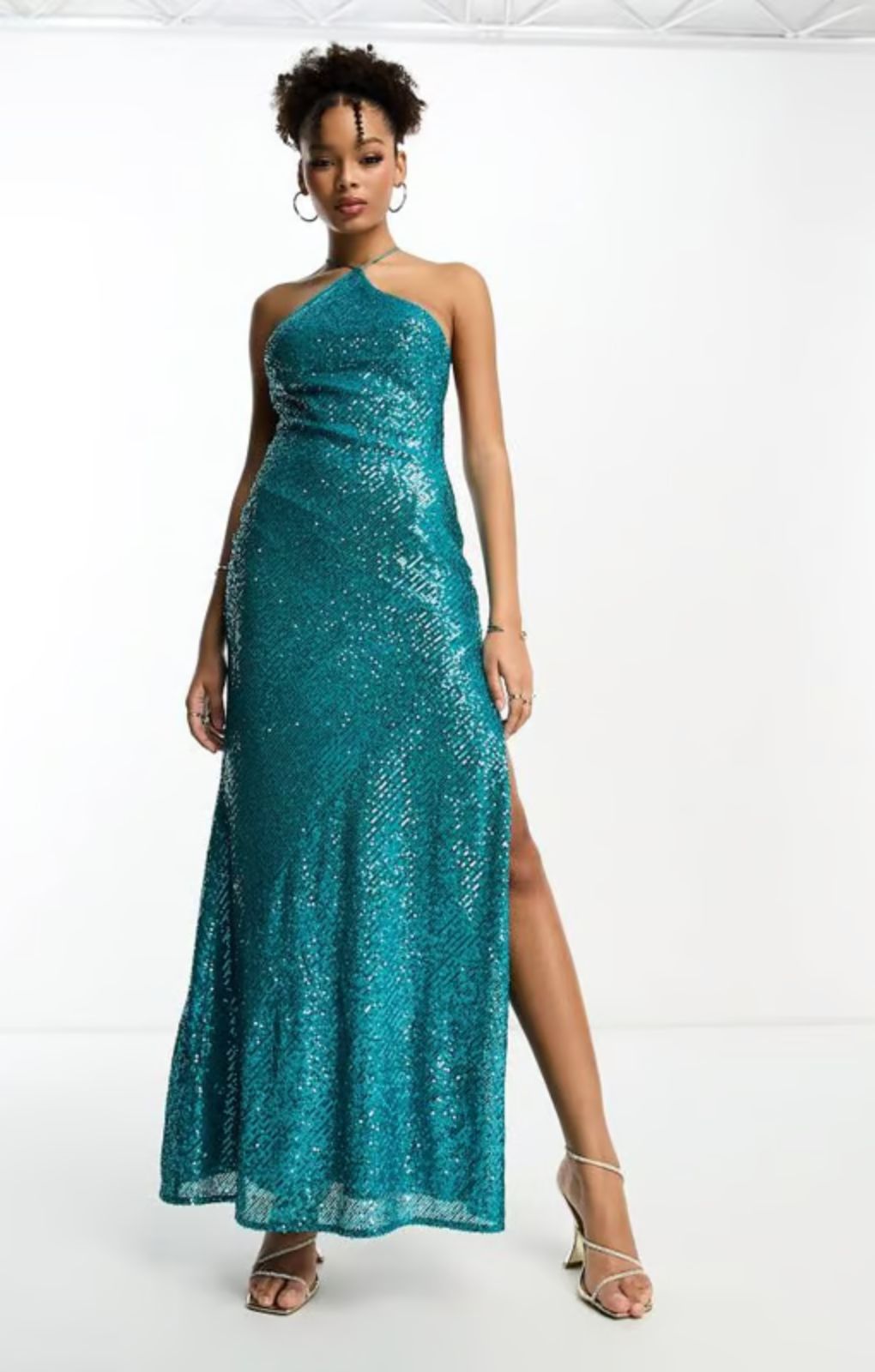 Asos Design Halter Lace Up Back Maxi Dress In Allover Sequin In Blue – dresses by ASOS DESIGN, available to rent from Hirestreet