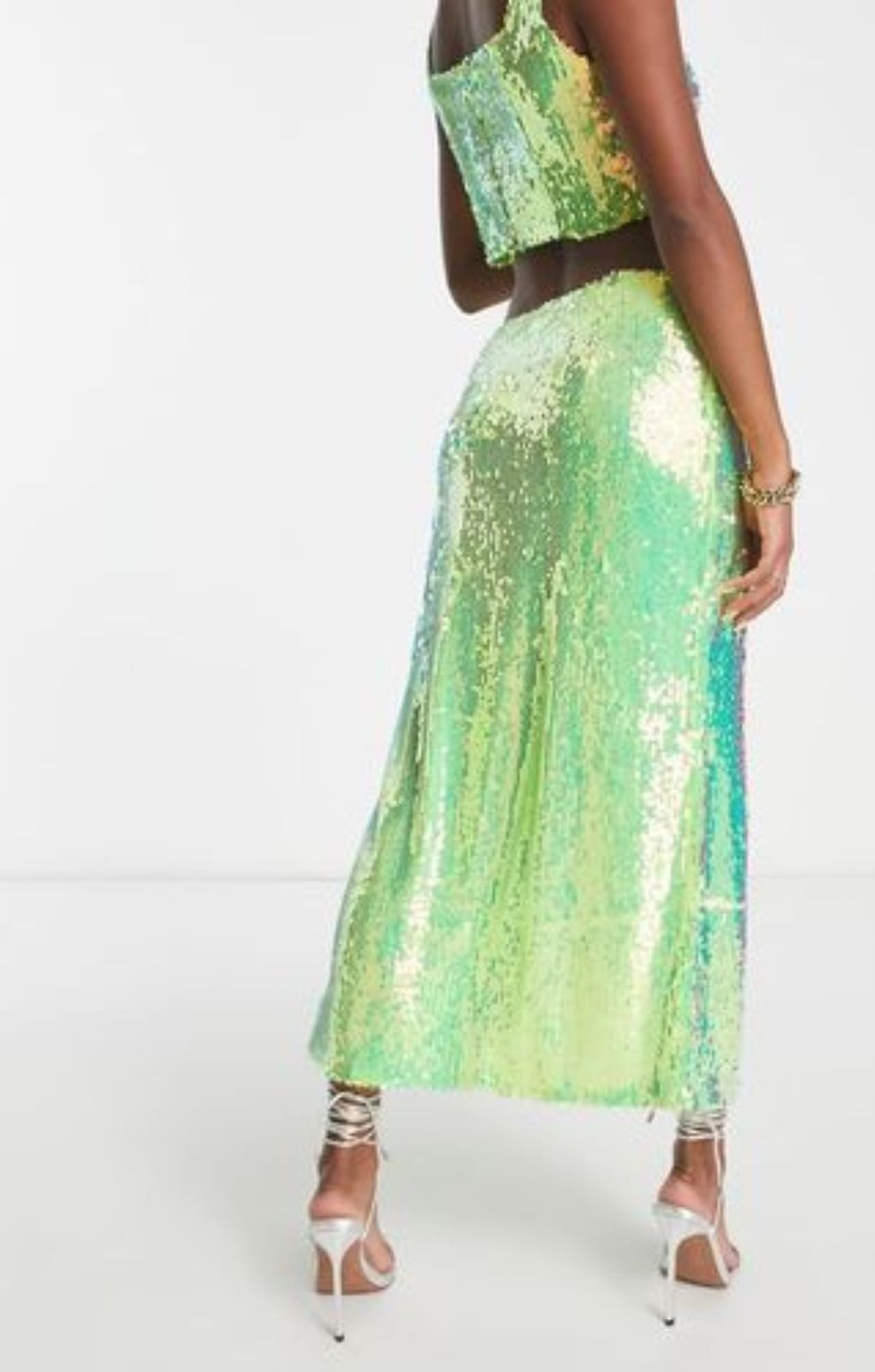 Collective The Label Petite Exclusive Sequin Midaxi Skirt In Iridescent Lime – skirts by Collective The Label Petite, available to rent from Hirestreet