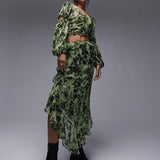 Topshop Raw Edge Ruffle Midi Skirt In Green Floral – skirts by Topshop, available to rent from Hirestreet