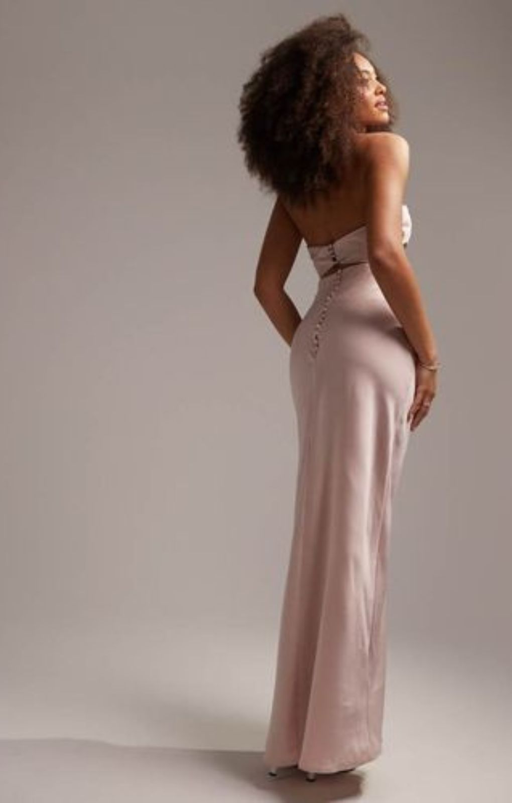 Asos Design Bridesmaid Satin Bandeau Maxi Dress With Button Back Detail Blush – dresses by ASOS DESIGN, available to rent from Hirestreet