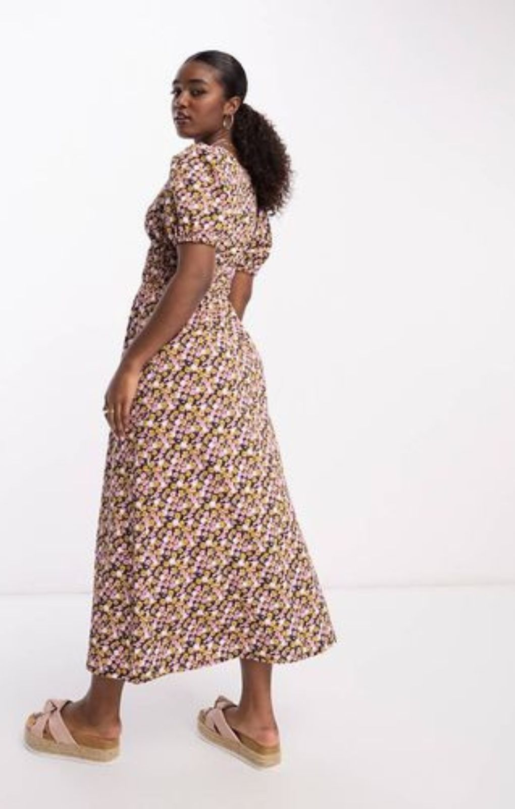 Asos Design Shirred Waist Midi Tea Dress With Volume Sleeve In Pink Ditsy Print – dresses by ASOS DESIGN, available to rent from Hirestreet