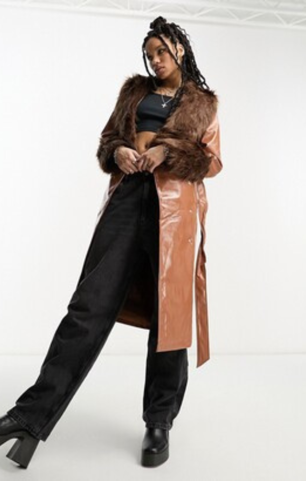 Violet Romance Vinyl Jacket With Faux Fur Trims In Brown – coats & jackets by VIOLET ROMANCE, available to rent from Hirestreet