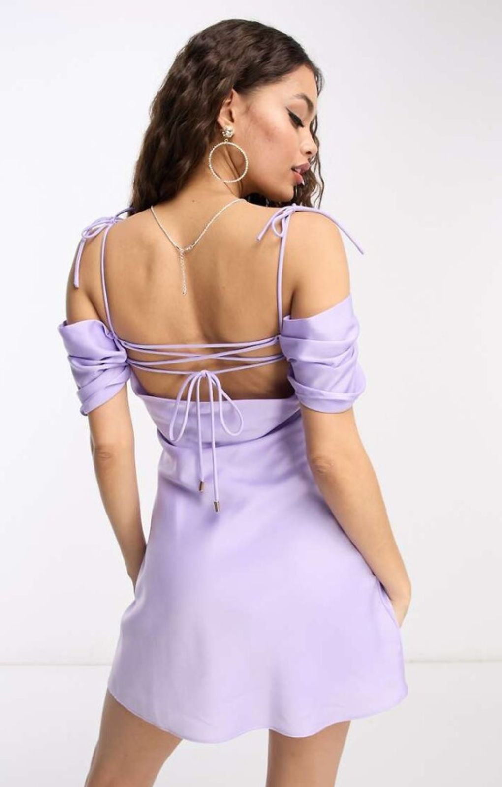 Forever New Petite Off Shoulder Mini Dress In Lilac Satin – dresses by Forever New Petite, available to rent from Hirestreet