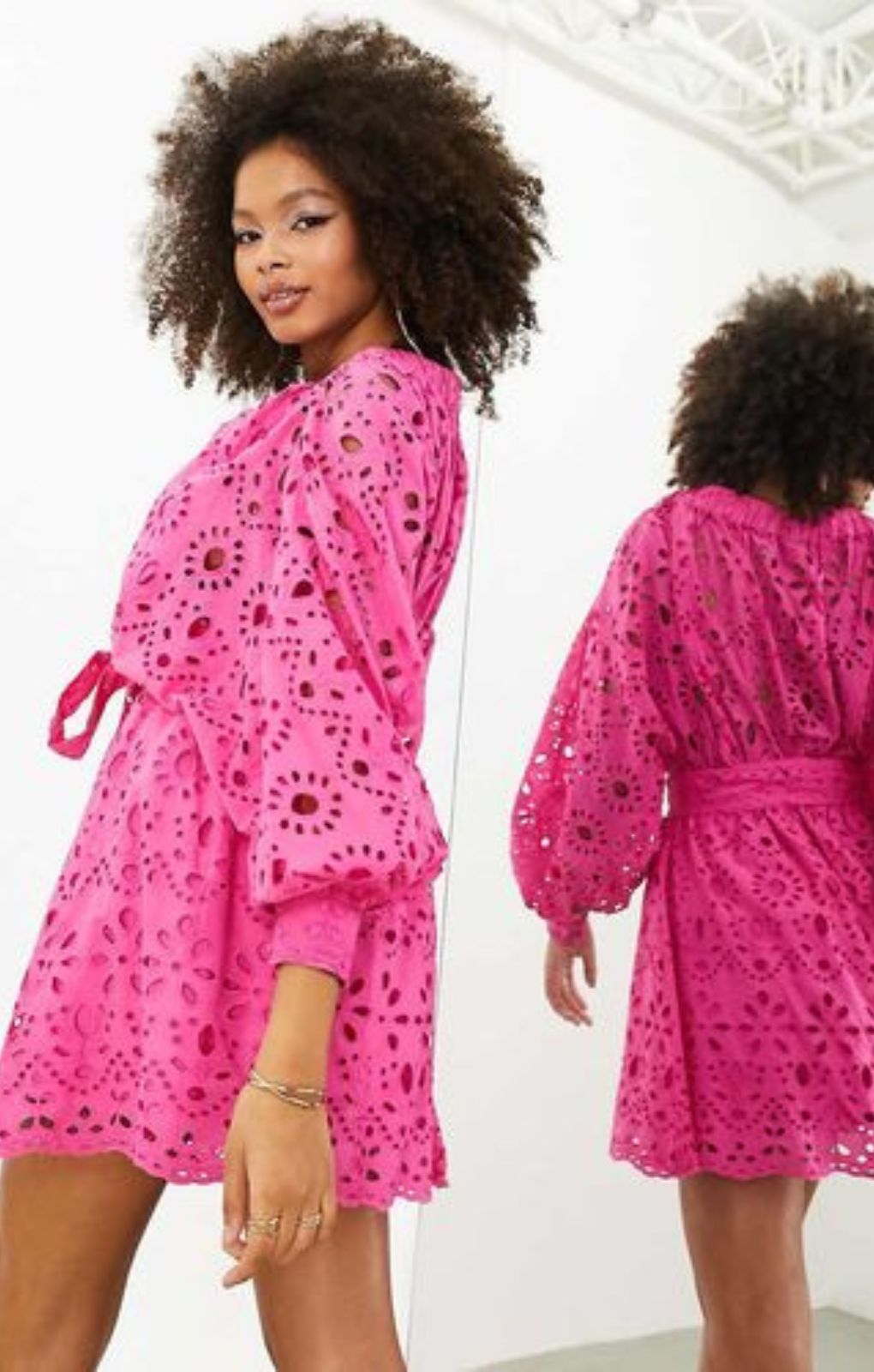 Asos Edition Broderie Wrap Belted Mini Dress In Bright Pink – dresses by ASOS EDITION, available to rent from Hirestreet