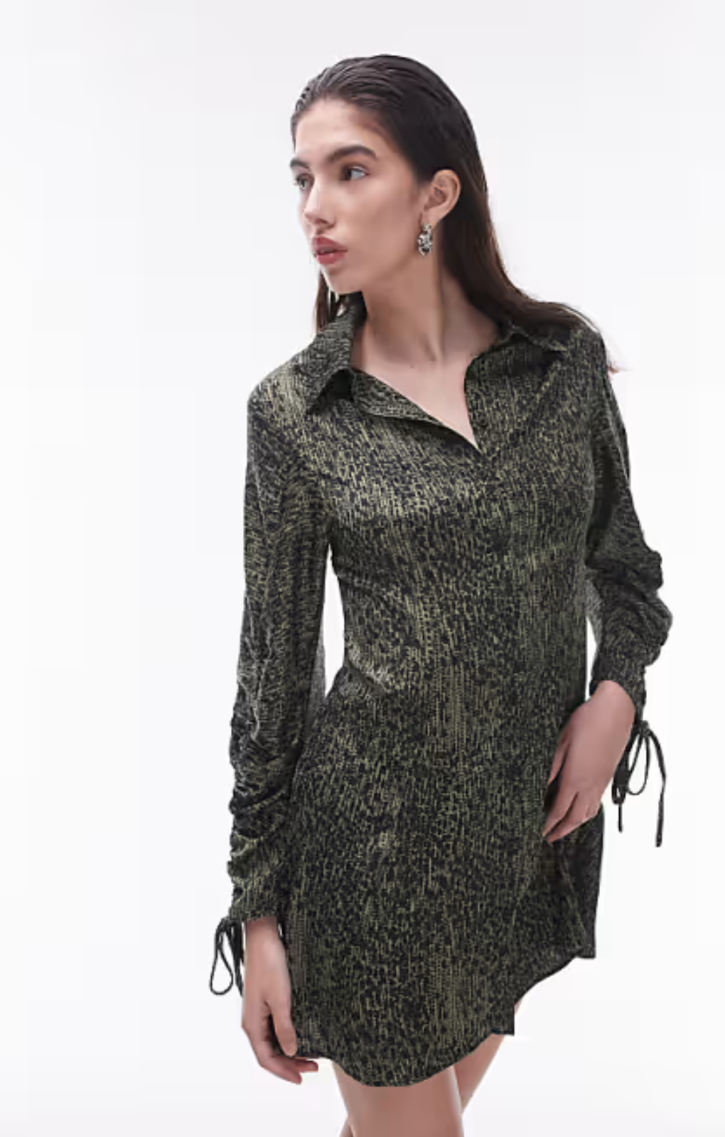 Topshop Ruched Sleeve Mini Shirt Dress In Green Animal Print Topshop Ruched Sleeve Mini Shirt Dress In Green Animal Print