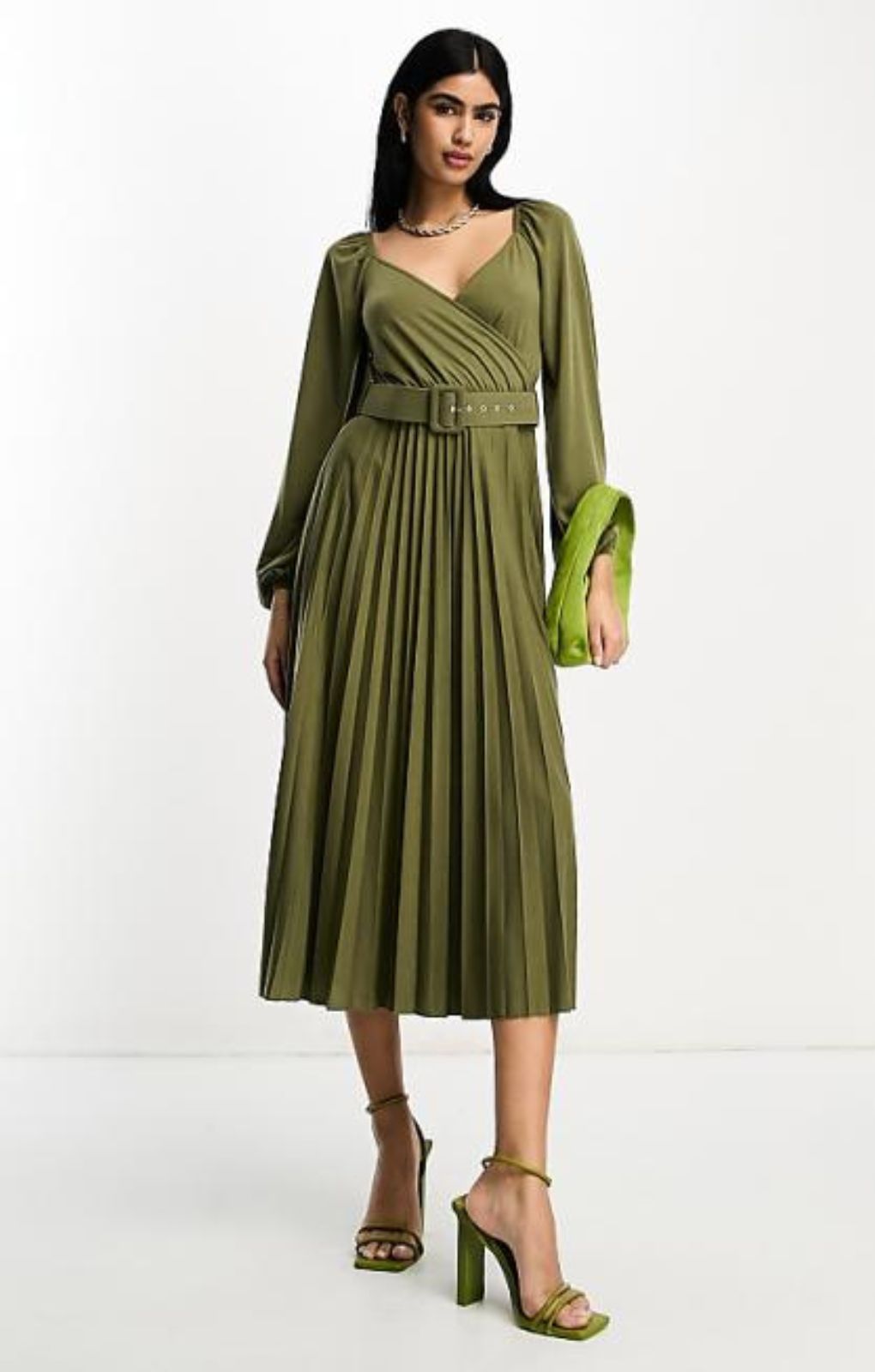 Asos Design Wrap Front Midi Dress With Pleat Skirt And Belt In Khaki – dresses by ASOS DESIGN, available to rent from Hirestreet