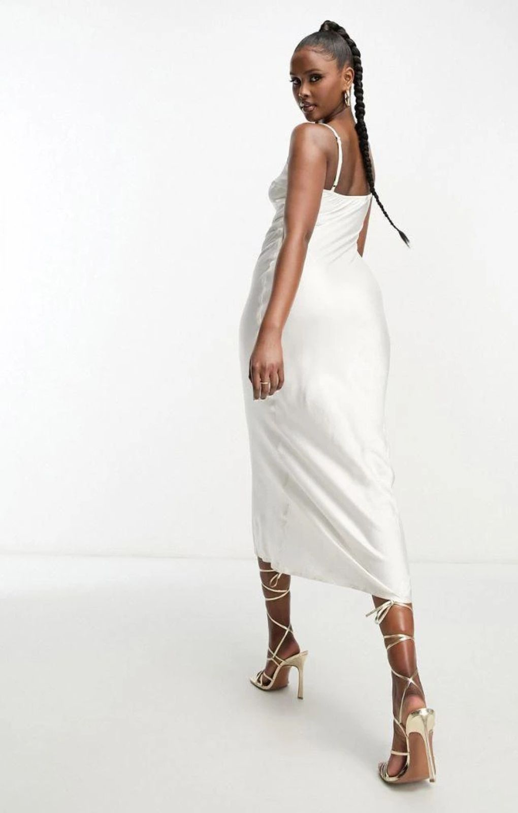 Sndys X Molly King Satin Strappy Midi Dress In White – dresses by SNDYS, available to rent from Hirestreet