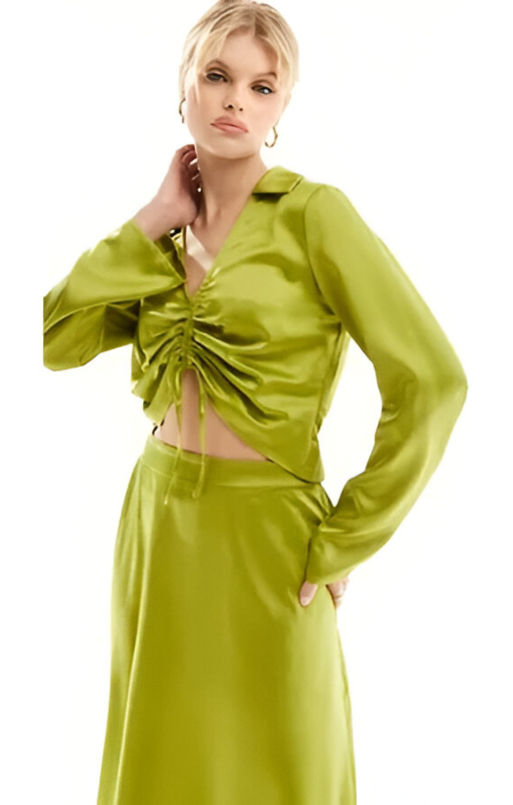 Vero Moda Satin Ruched Front Top In Olive – tops by Vero Moda, available to rent from Hirestreet
