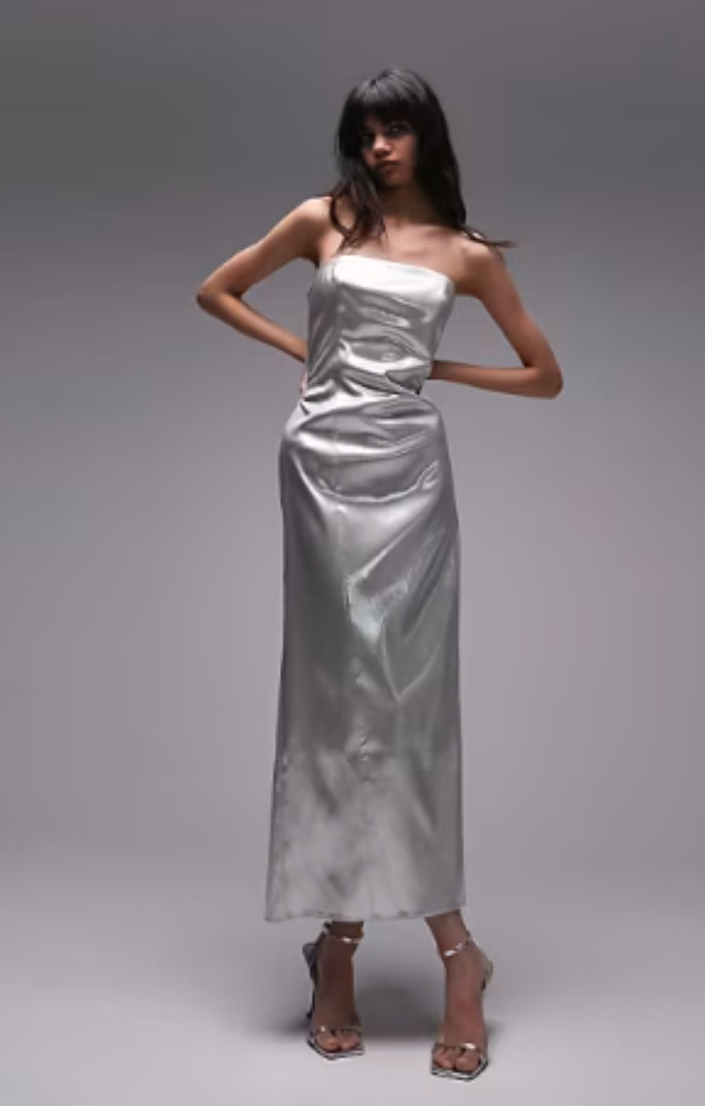 Topshop Bandeau Metallic Midi Dress In Silver – dresses by Topshop, available to rent from Hirestreet